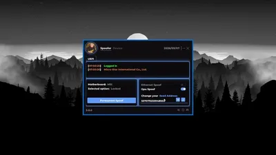 UEFI tab with permanent spoof toggle, GPU and ethernet switches, and a seed input on a dark dashboard background.